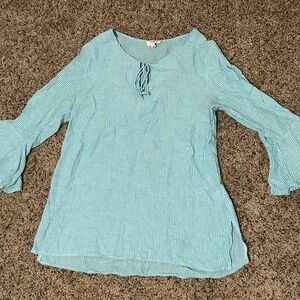 Teal striped bell sleeve blouse